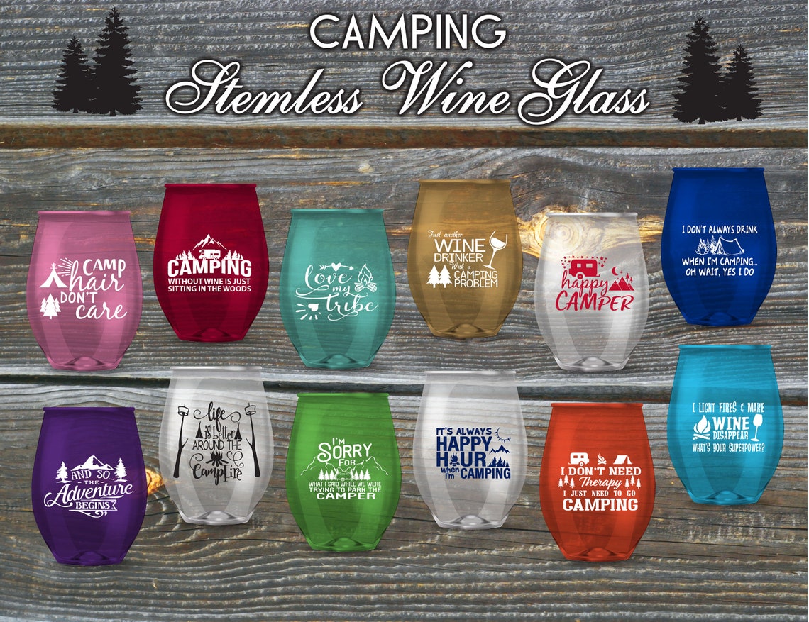 Set of 12 Stemless Camping/outdoor Wine Glasses, Funny Wine Glass