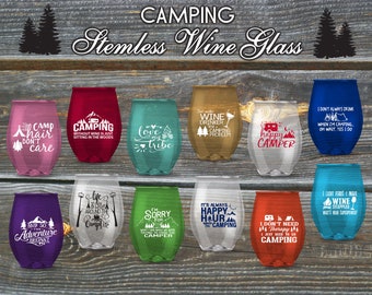 Set of 12 Stemless Camping/outdoor  Wine Glasses,  Funny Wine Glass, Stemless Wine Glass, Holiday Wine Glasses