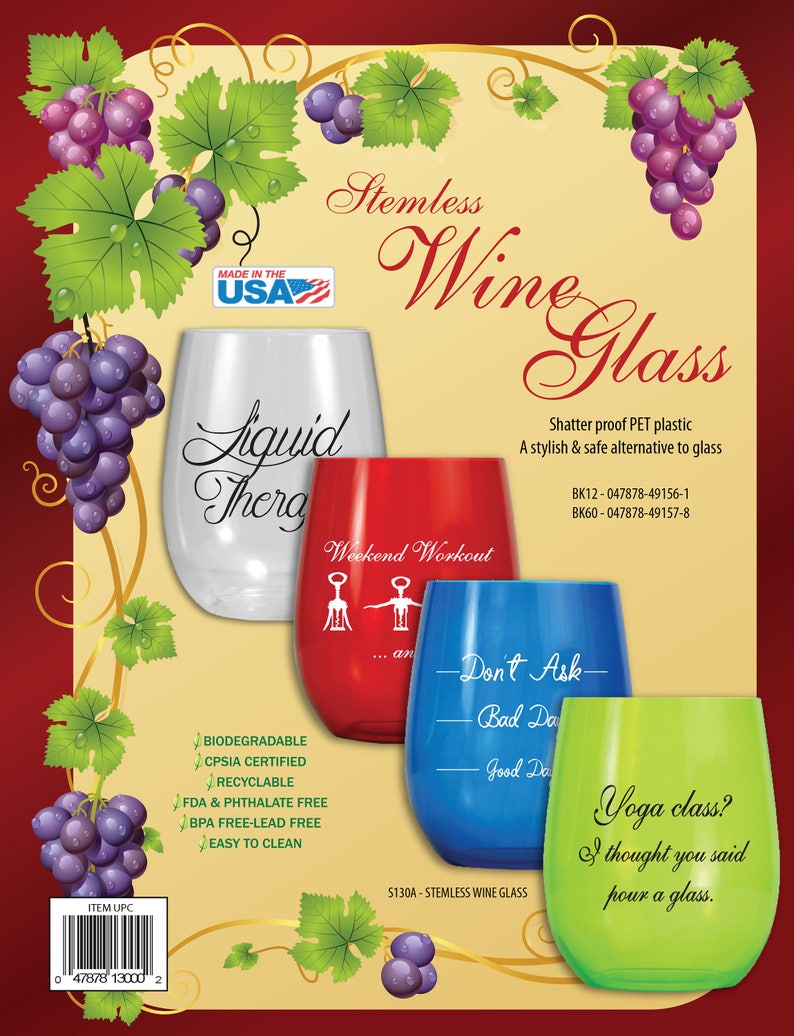 Set of 12 Stemless Camping/outdoor Wine Glasses, Funny Wine Glass