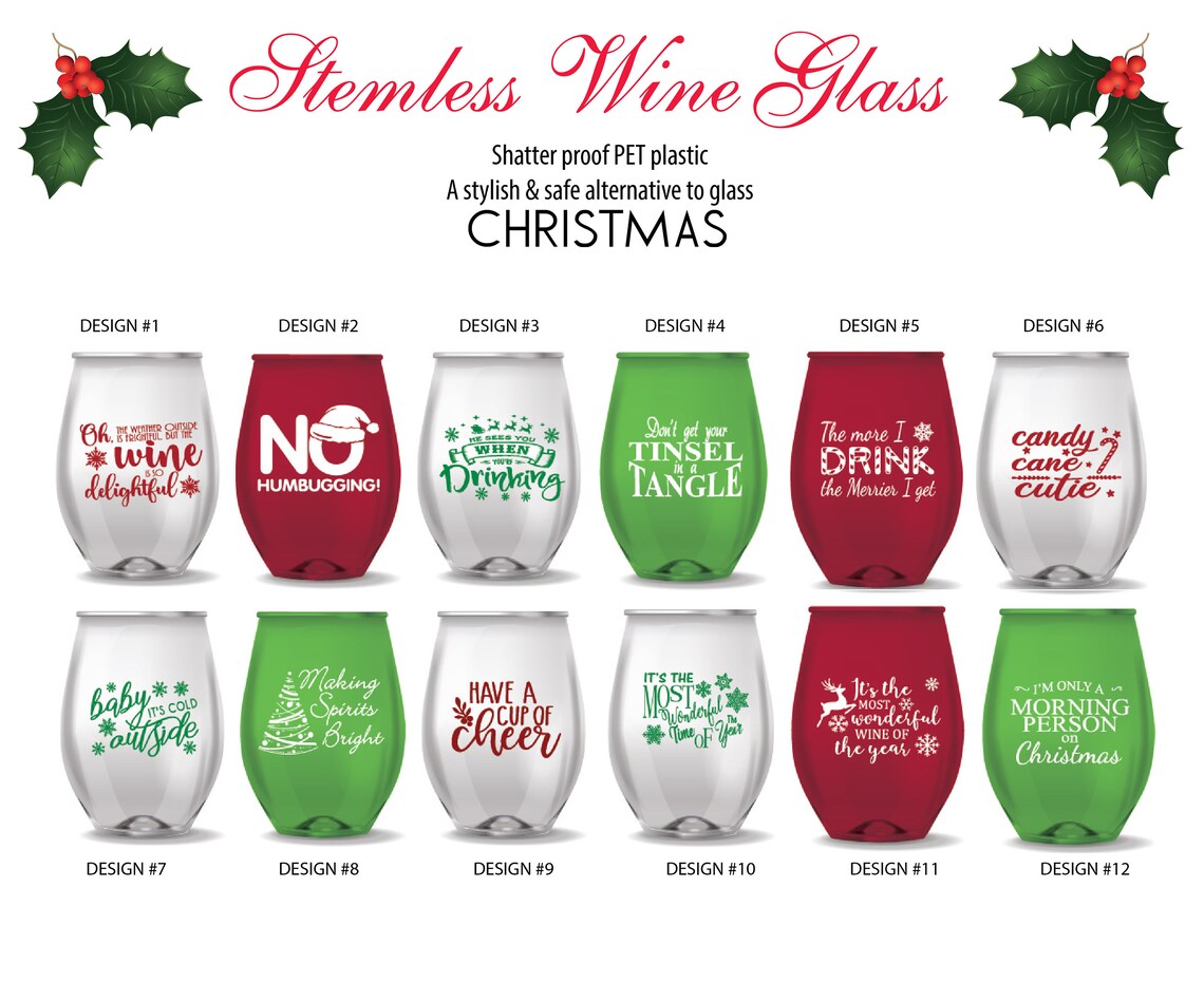 Set of 12 Stemless Christmas Wine Glasses Christmas Gift Etsy