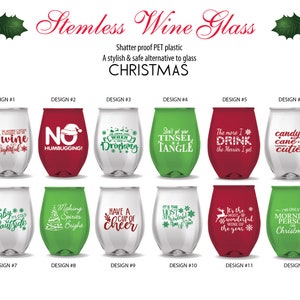 Set of 12 Stemless  Christmas Wine Glasses, Christmas Gift, Funny Wine Glass, Stemless Wine Glass, Holiday Wine Glasses.