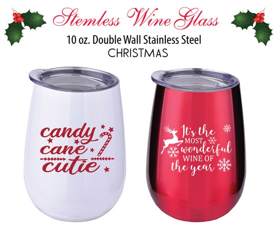 Set of 12 Stemless Christmas Wine Glasses, Christmas Gift, Funny Wine Glass,  Stemless Wine Glass, Holiday Wine Glasses. 