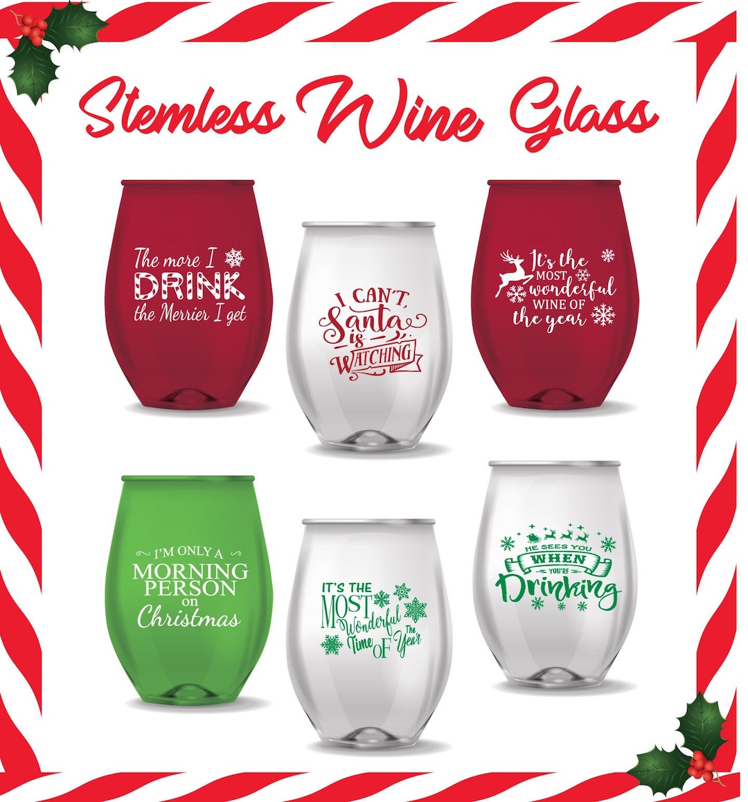 Set of 6 Stemless Christmas Wine Glasses, Christmas Gift, Funny Wine