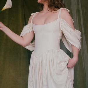 Boho inspired linen wedding dress with soft draping