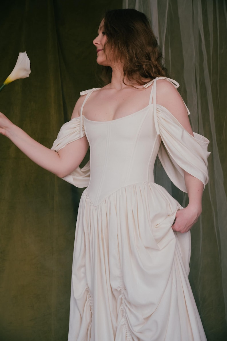 Boho inspired linen wedding dress with soft draping