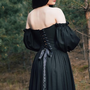Black renaissance inspired corset dress, adjustable lace up back, full length skirt