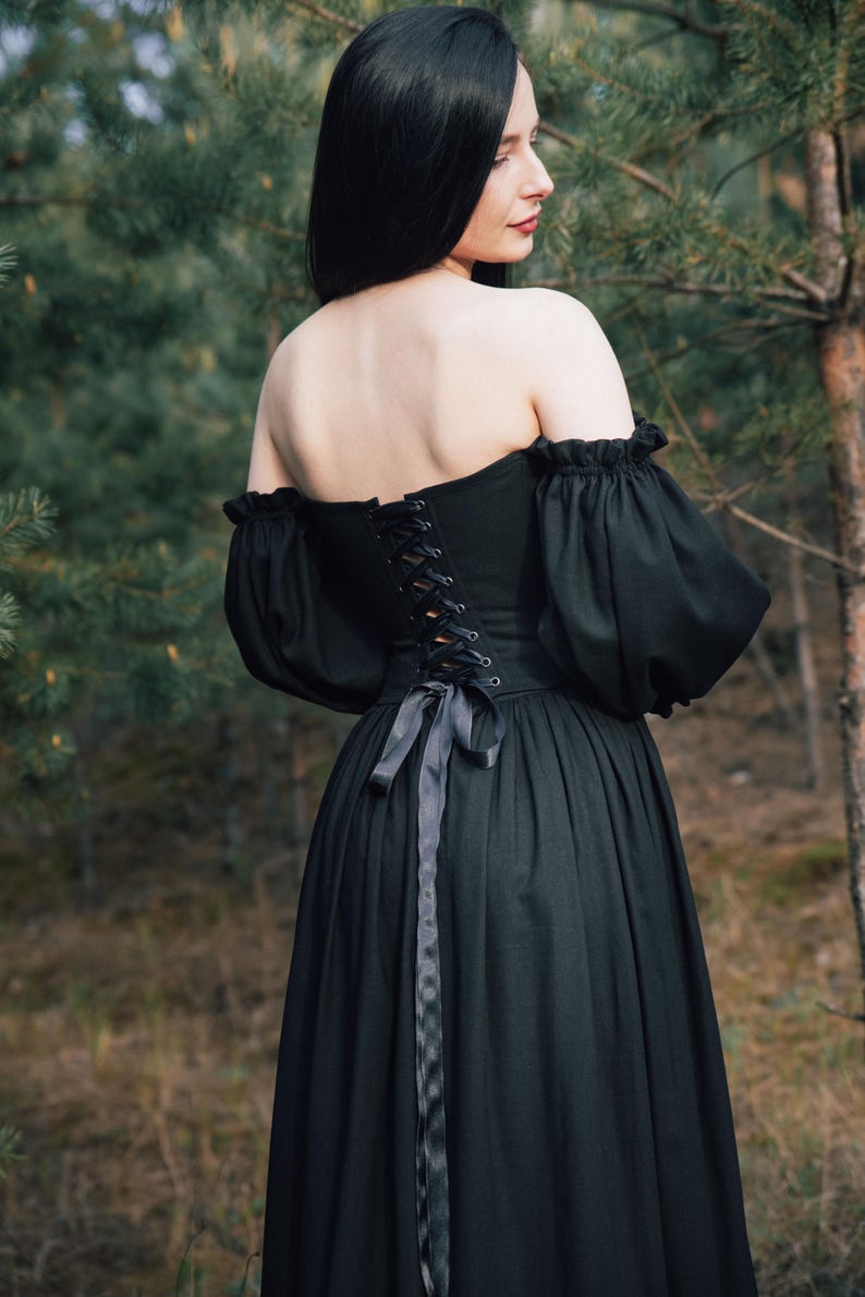 Black renaissance inspired corset dress, adjustable lace up back, full length skirt