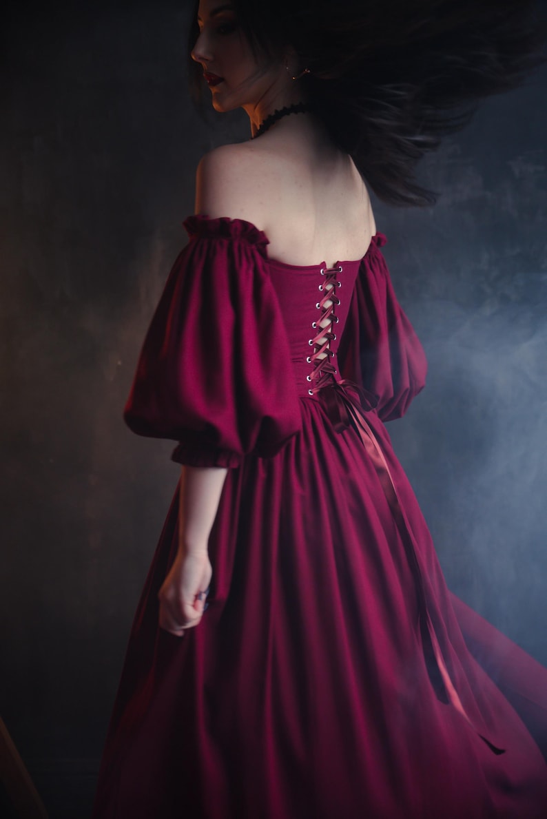 burgundy renaissance corset dress off shoulder linen dress