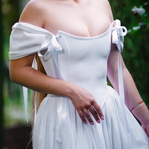 off shoulder cottagecore corset wedding dress detail