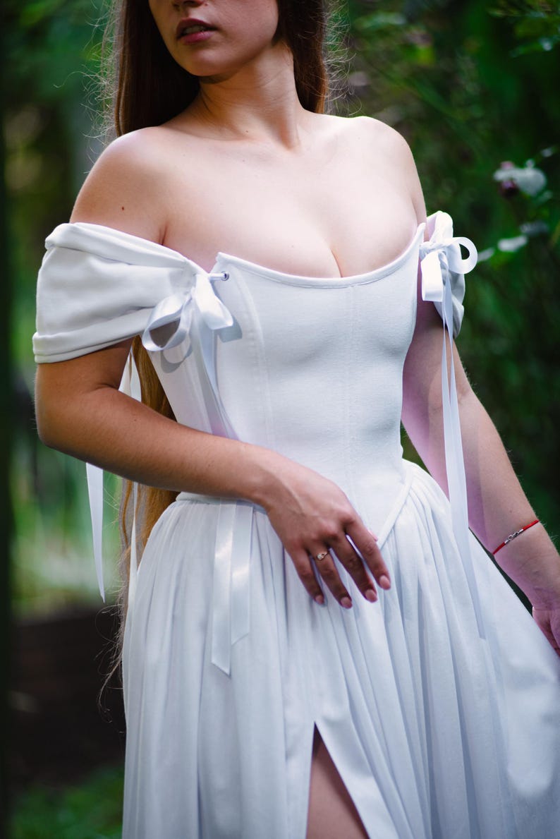 off shoulder cottagecore corset wedding dress detail