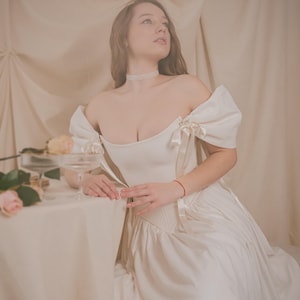ivory fairy bridal dress with soft linen fabric and tie sleeves