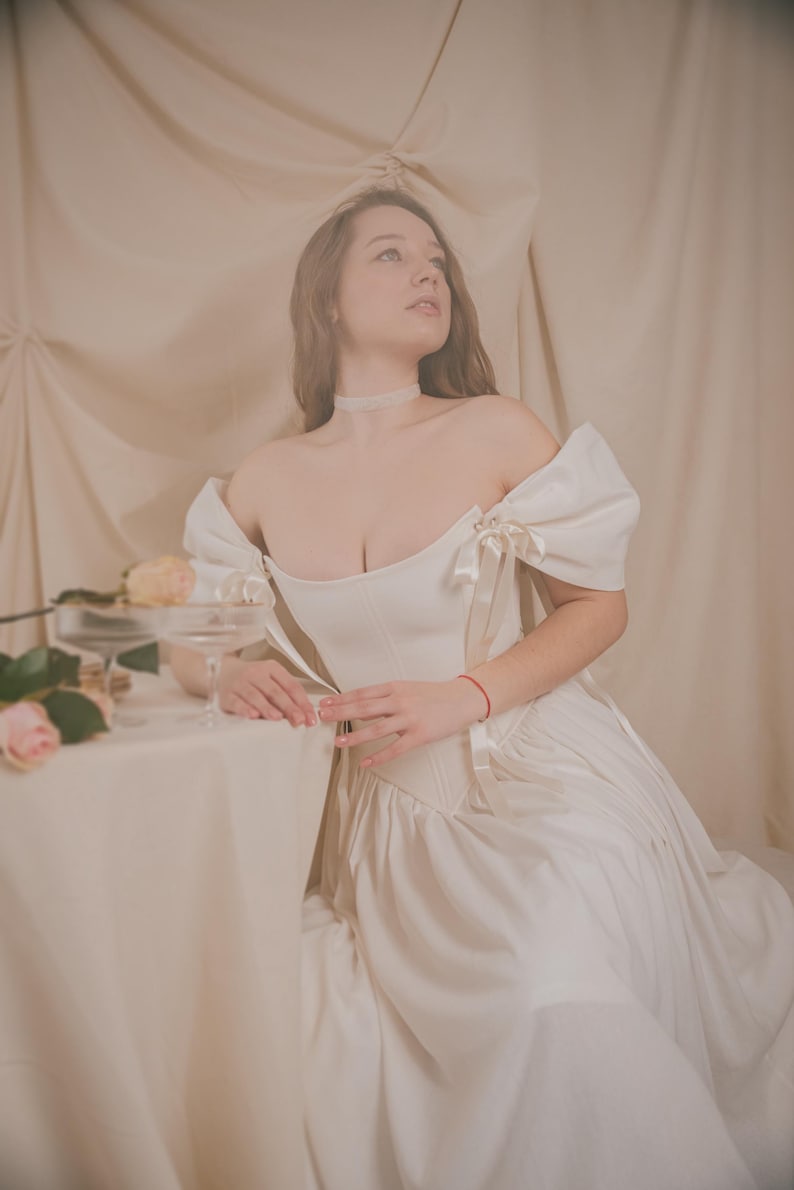 ivory fairy bridal dress with soft linen fabric and tie sleeves