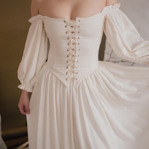 Renaissance wedding dress, linen corset wedding dress with puff sleeves, ivory ethereal medieval gown, fairy vintage bridal dress
