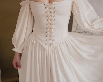 Renaissance wedding dress, linen corset wedding dress with puff sleeves, ivory ethereal medieval gown, fairy vintage bridal dress