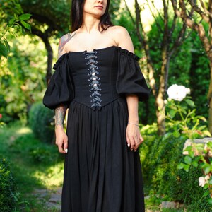 Black corset wedding dress alternative style, off shoulder sleeves, natural linen fabric