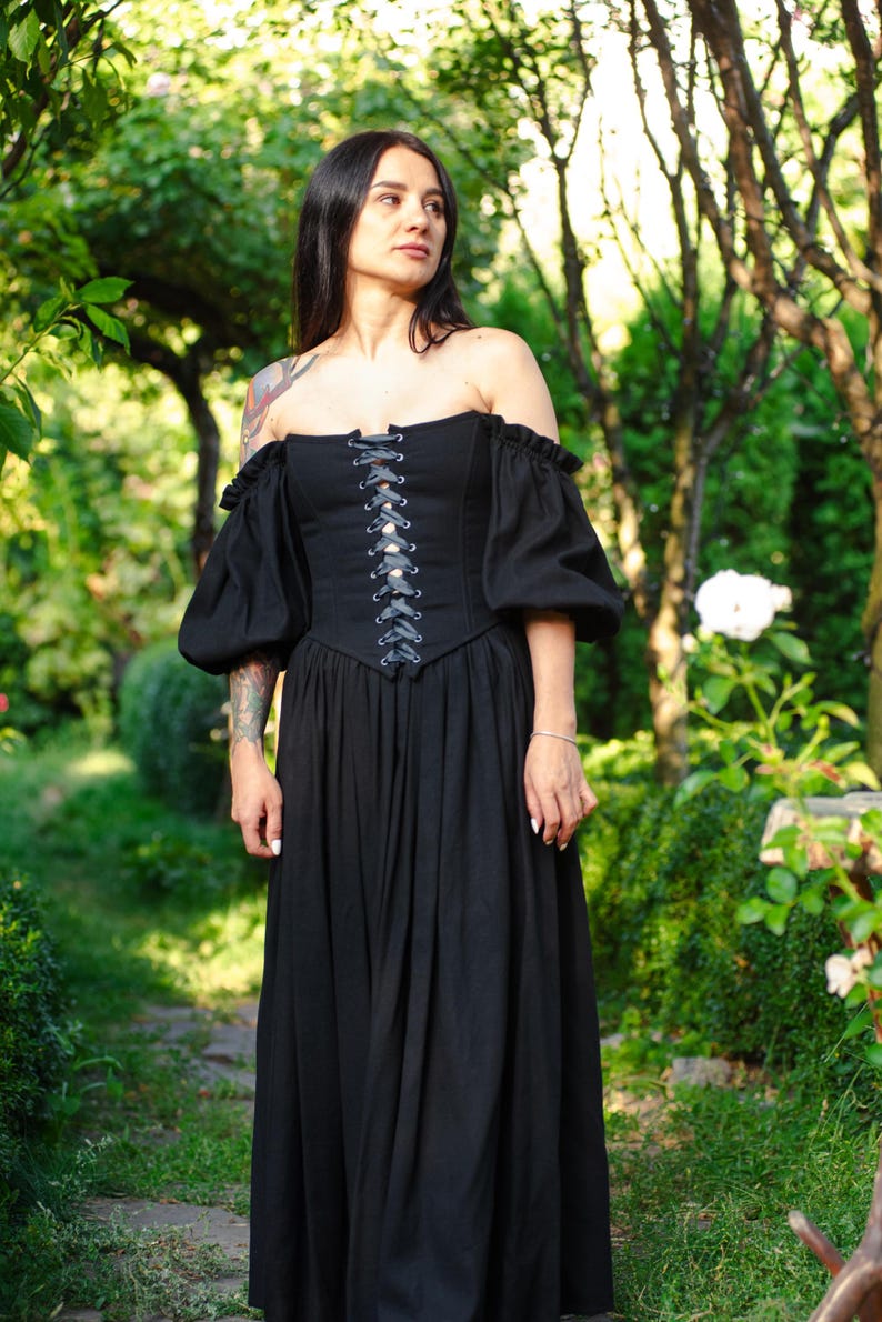 Black corset wedding dress alternative style, off shoulder sleeves, natural linen fabric