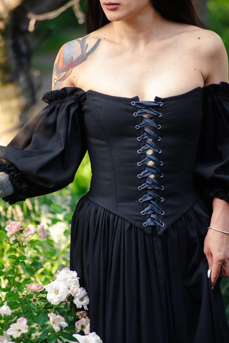 Full length black linen corset dress with romantic sleeves and fitted waist