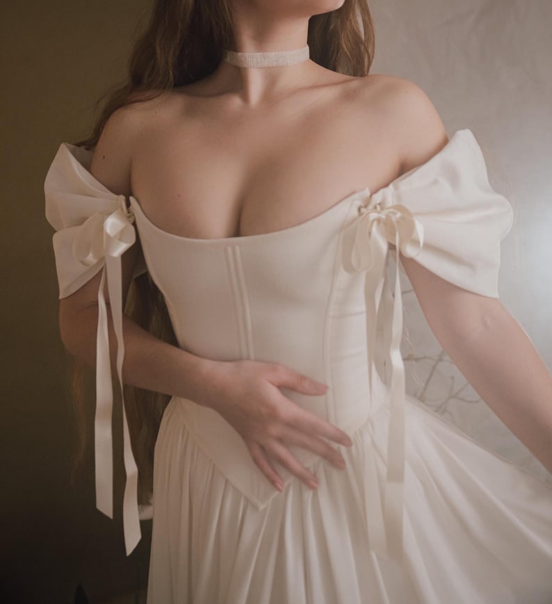 ivory linen wedding dress full length off shoulder corset bridal gown flowy skirt