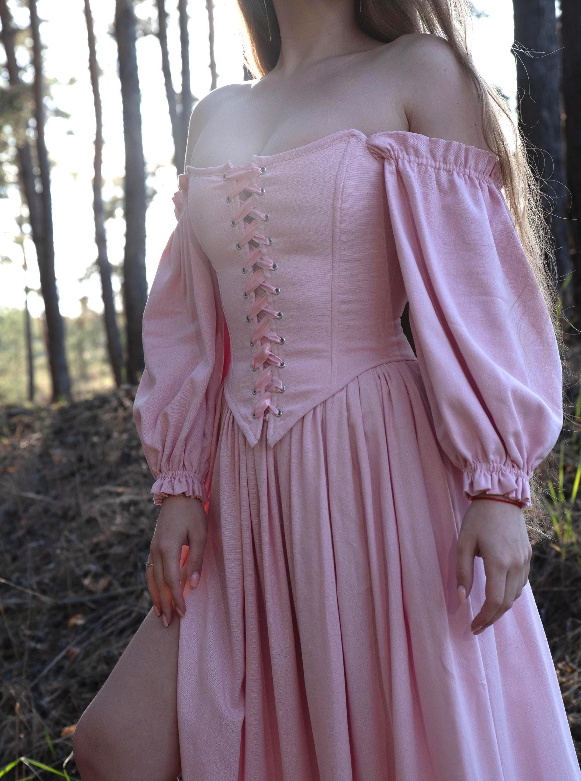 Pink renaissance dress, medieval corset dress, ren faire gown, fairy wedding dress, fantasy princess gown