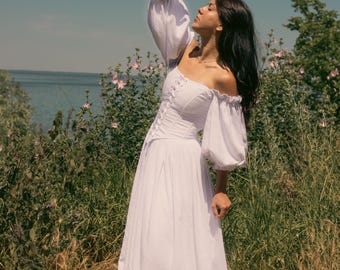 Cottagecore wedding dress, white corset bridal gown, off shoulder basque waist dress