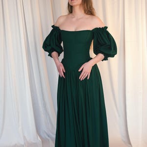 emerald green medieval dress puff sleeves linen gown