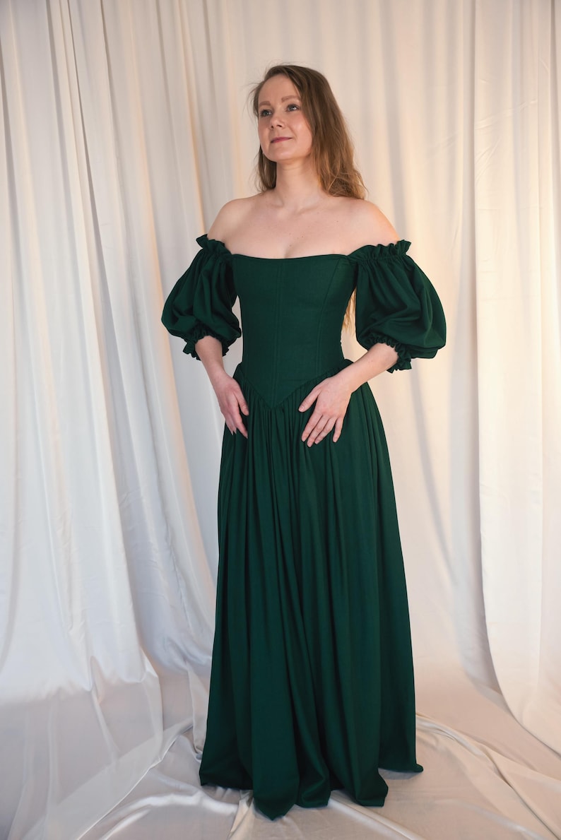 emerald green medieval dress puff sleeves linen gown
