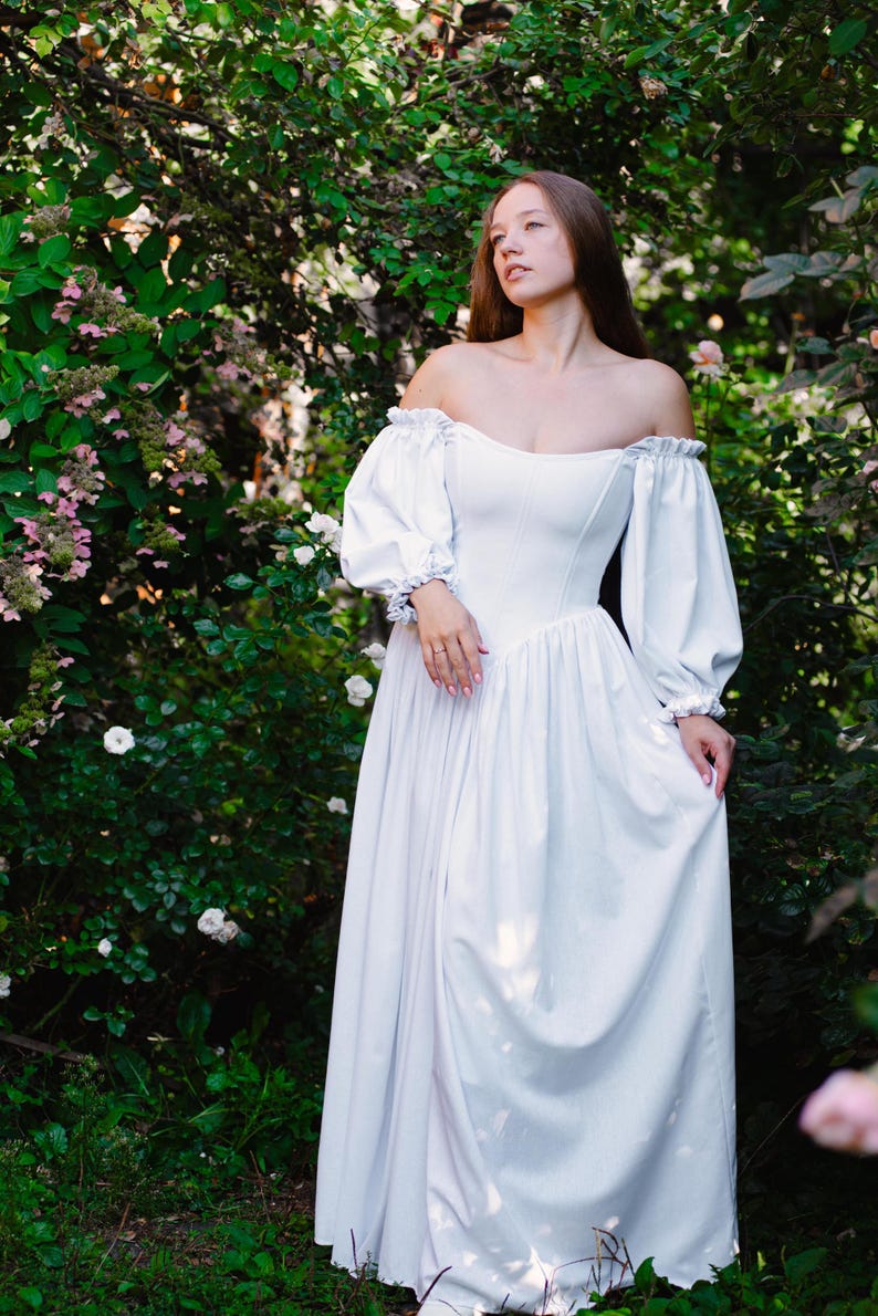 renaissance wedding dress made of linen in white color