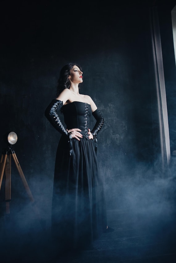 black corset dress with gloves Gothic gloves, strapless wedding dress, witch dress, dark fantasy renaissance dress custom Ball gown Sustainably. - Sizes 4 dinner-party Color:Light Pink/Silver Avoid direct sunlight to