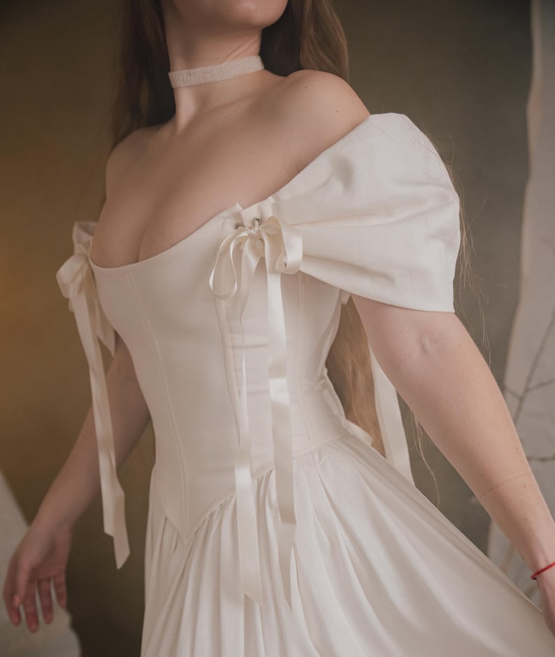 off shoulder ivory linen wedding dress soft romantic bridal gown details