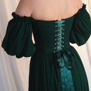 green cottagecore dress off shoulder corset style