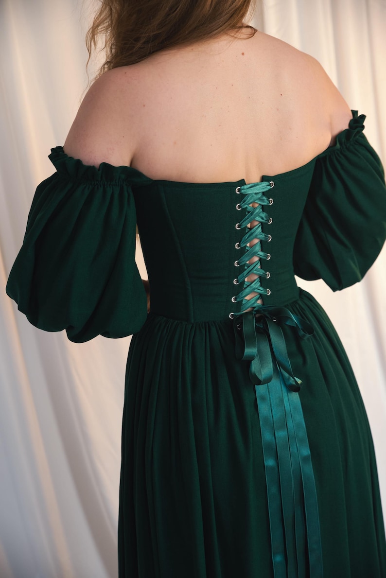 green cottagecore dress off shoulder corset style