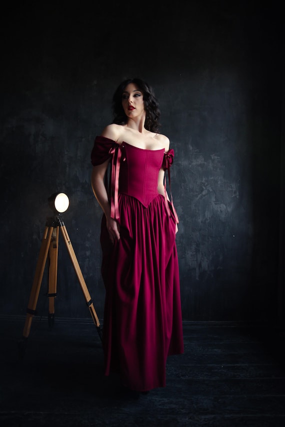 Fantasy corset dress, renaissance off shoulder gown, burgundy linen maxi dress, dark romance medieval gown