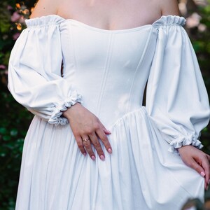 fantasy linen wedding dress with puff sleeves