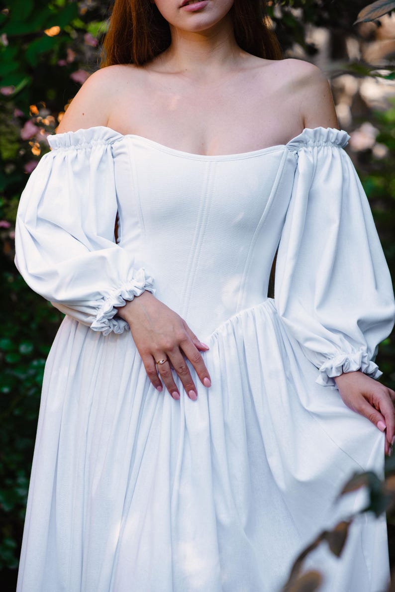 fantasy linen wedding dress with puff sleeves