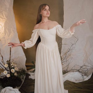 Corset wedding linen dress with puff sleeves, vintage fairy prom dress maxi