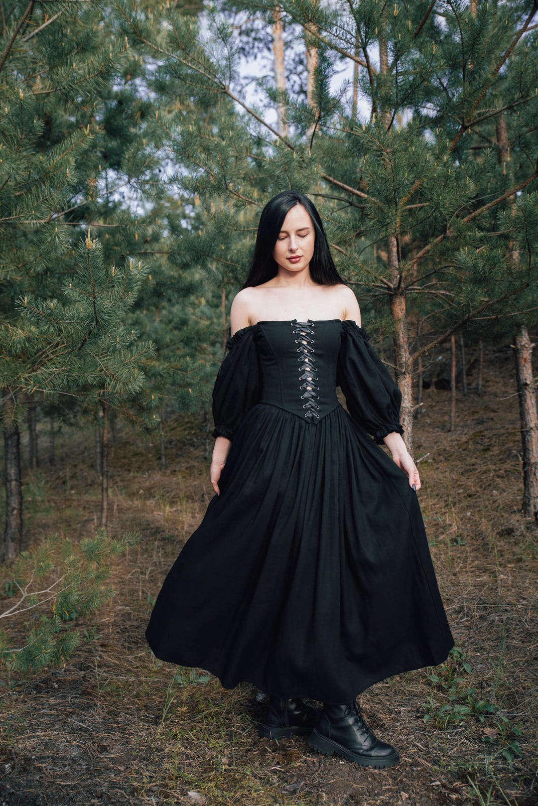 alt black dress Black wedding corset dress, alternative bridal gown, off shoulder dark fairytale dress