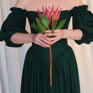 green medieval dress off shoulder puff sleeves