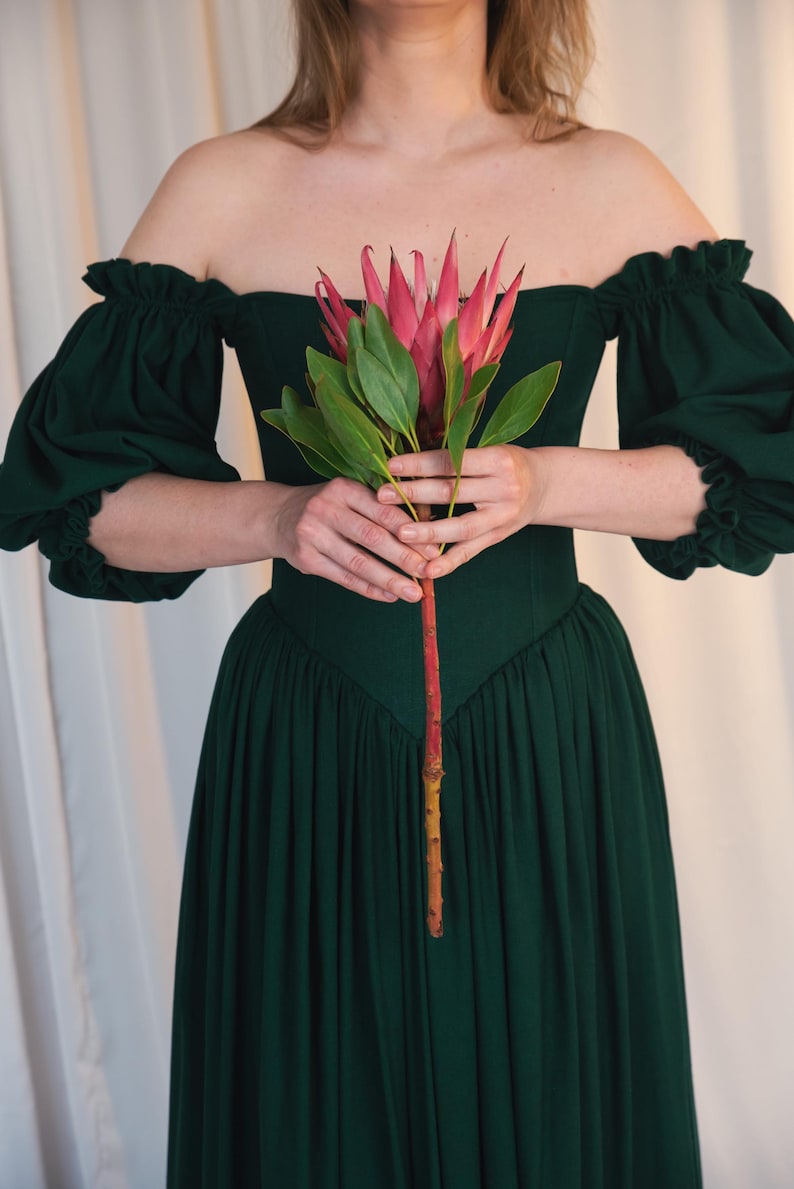 green medieval dress off shoulder puff sleeves