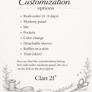 Dress customization options including color change, detachable sleeves, slit and rush order