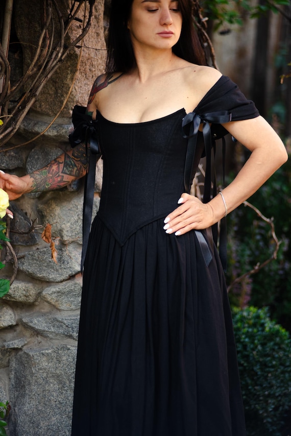 Black wedding dress, goth dress prom, renaissance dress linen, vintage corset dress victorian