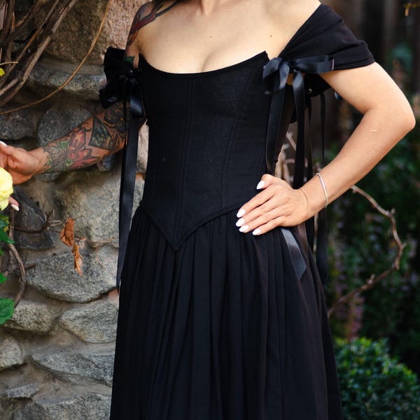 Black wedding dress, goth dress prom, renaissance dress linen, vintage corset dress victorian