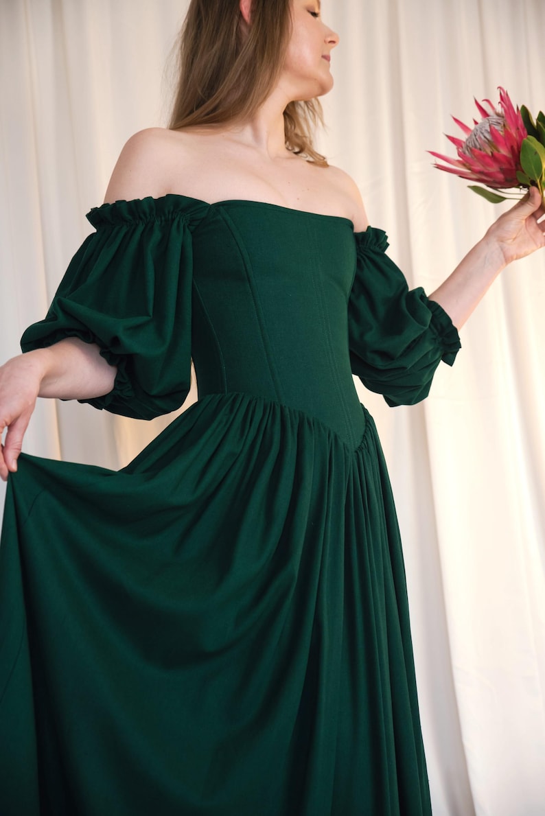 emerald green renaissance corset dress off shoulder linen dress