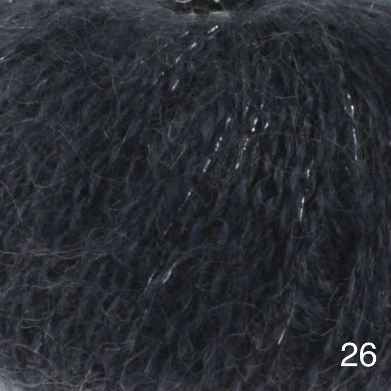 May include: A skein of dark blue yarn with silver glitter threads. The yarn is soft and fluffy, and it is perfect for knitting or crocheting.