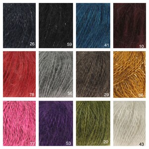 May include: Twelve yarn skeins in various colors, including black, teal, red, gray, brown, gold, pink, purple, green, and white. Each skein has a number printed on the label.