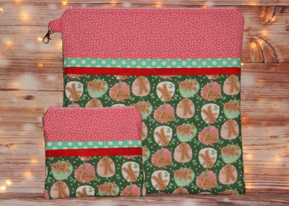 Gingerbread Cookie Christmas Project Bag OR 2-piece Set For Cross Stitch, Crochet, Knitting and Needlework, Craft Bag, Notions Bag
