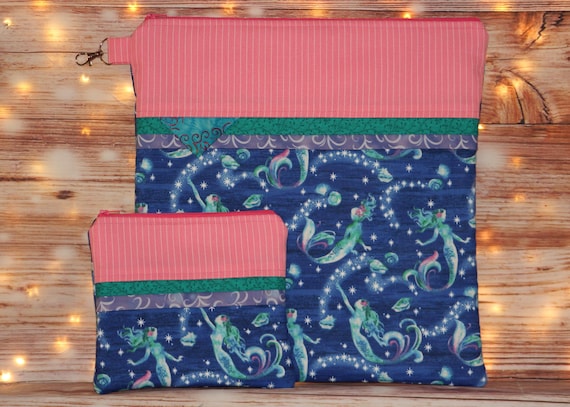 Mermaid Project Bag OR 2-piece Set For Cross Stitch, Crochet, Knitting and Needlework, Craft Bag, Notions Bag