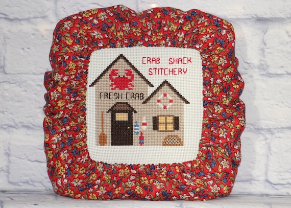 Retro Floral on Red Grime Guard - Q-Snap, Nurge, Round Hoop Cover - Cross Stitch, Needlework