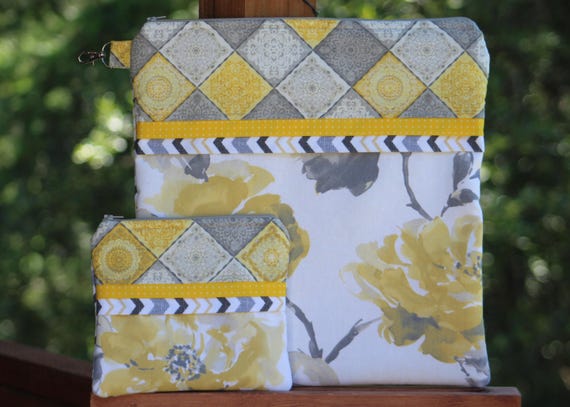 Yellow Gray Floral Project Bag OR 2-piece Set For Cross Stitch, Crochet, Knitting, Craft, Notions