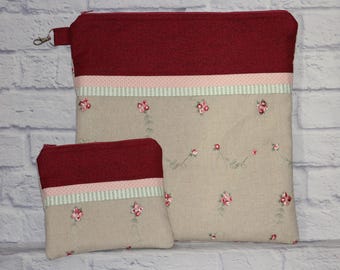 Pink Floral Project Bag OR 2-piece Set For Cross Stitch, Crochet, Knitting, Craft, Notions