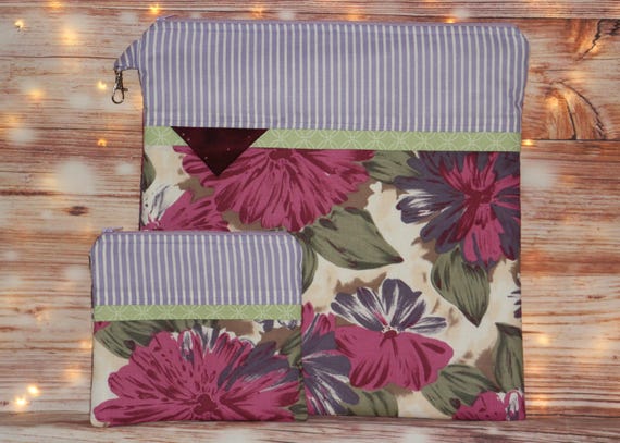 Floral - Purple Pink Green - Project Bag OR 2-piece Set For Cross Stitch, Crochet, Knitting and Needlework, Craft Bag, Notions Bag